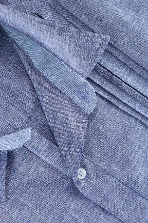 Guayamisa Manga Corta Azul Plúmbago Con Alforza Textura Lino Hombre